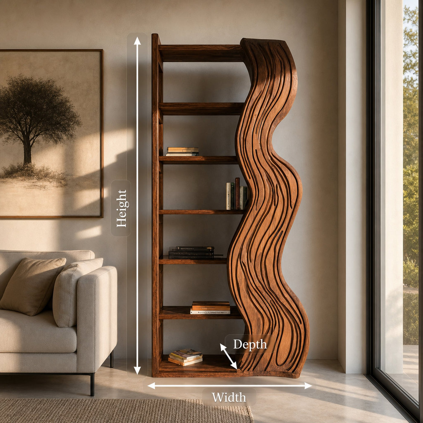 Modern Bookshelf With Wave Carved Side Panel For Office - product view 8