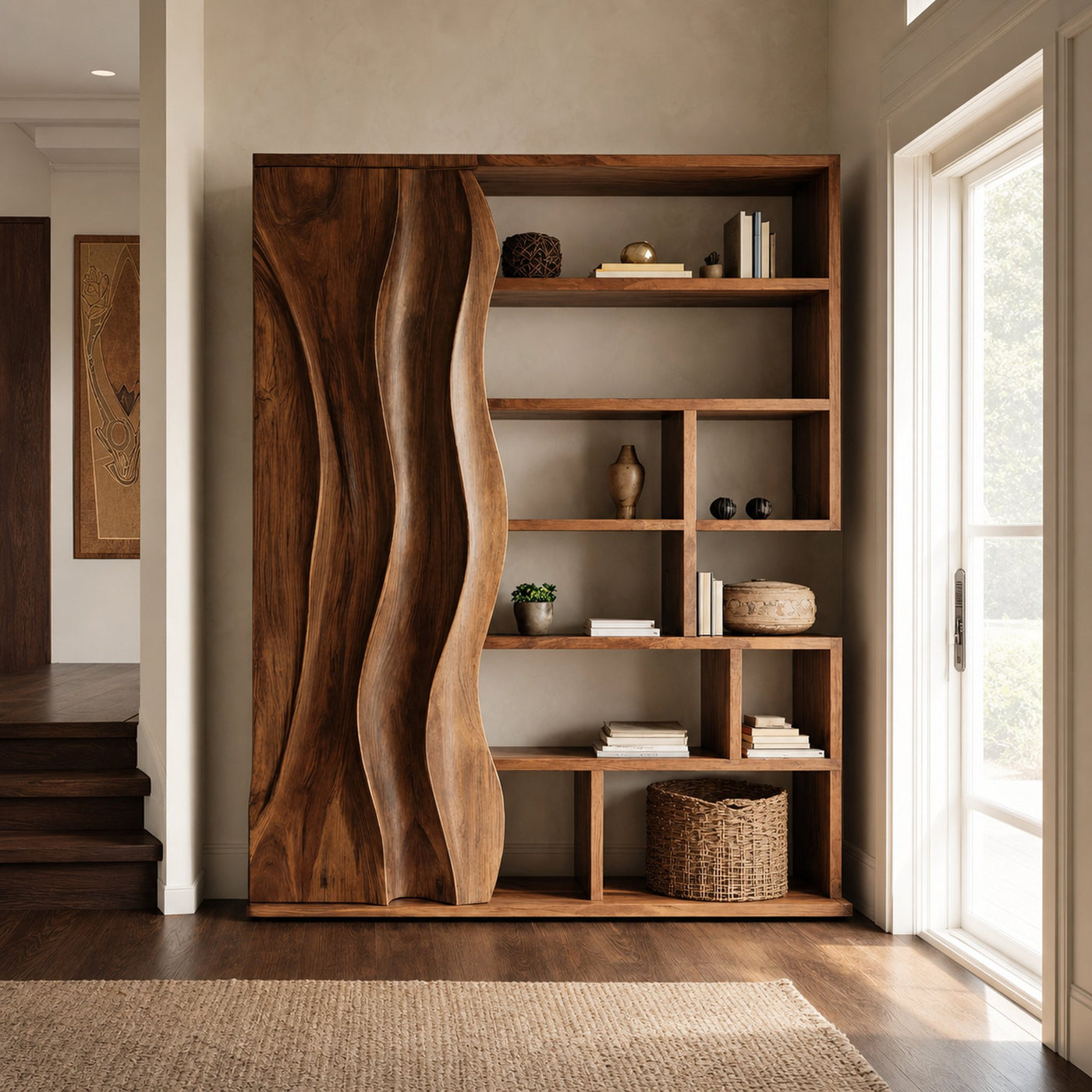 Modern Bookshelf With Wave Door For Home Decor