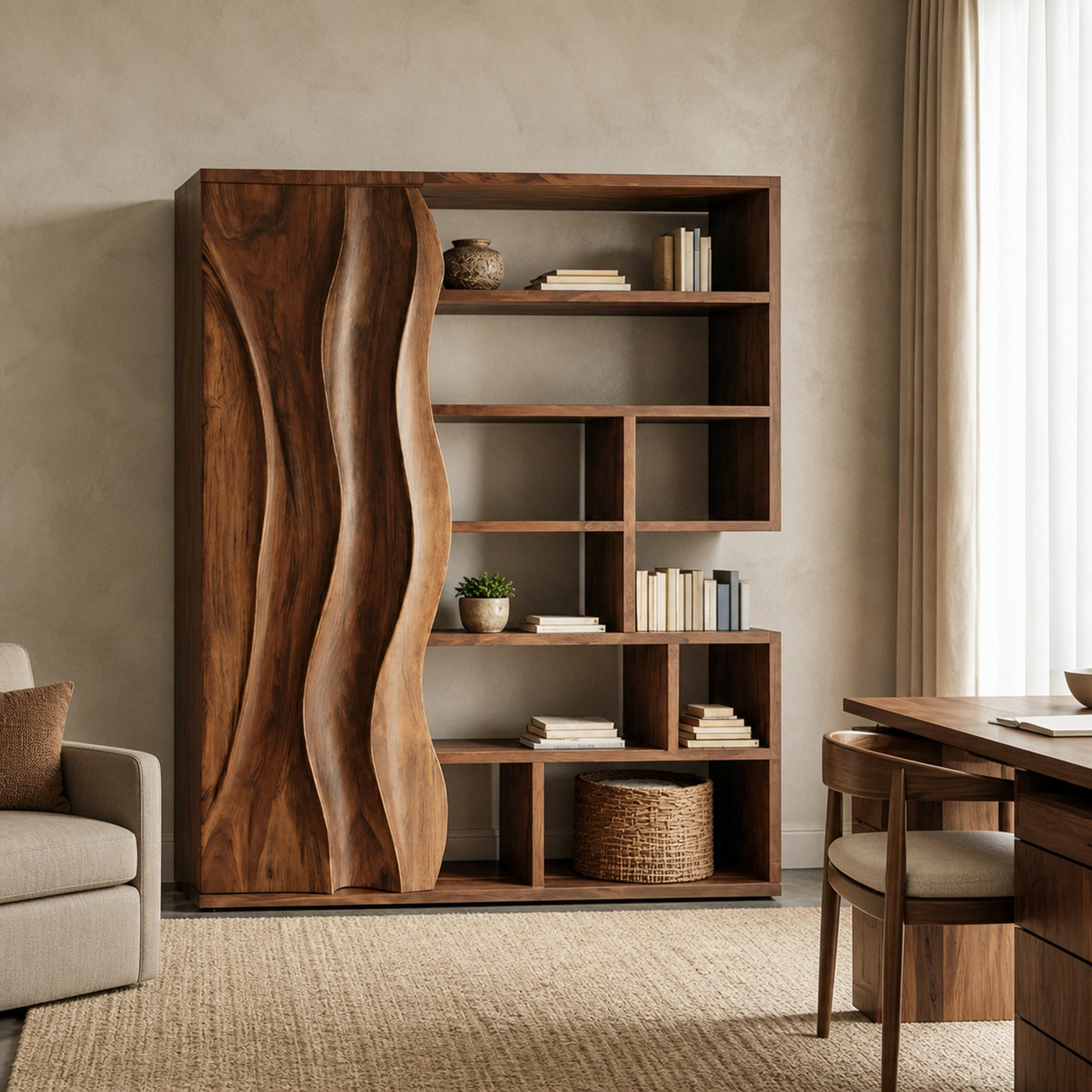 Modern Bookshelf With Wave Door For Home Decor - product view 6