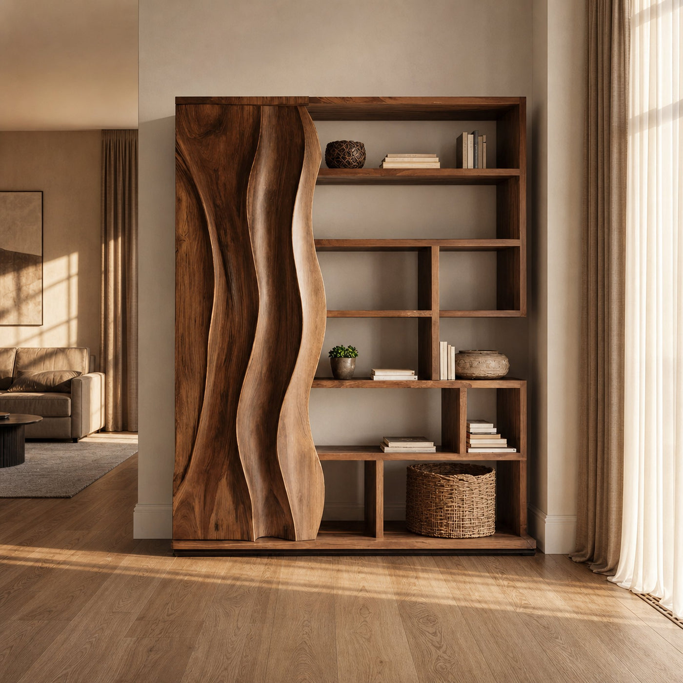 Modern Bookshelf With Wave Door For Home Decor - product view 7