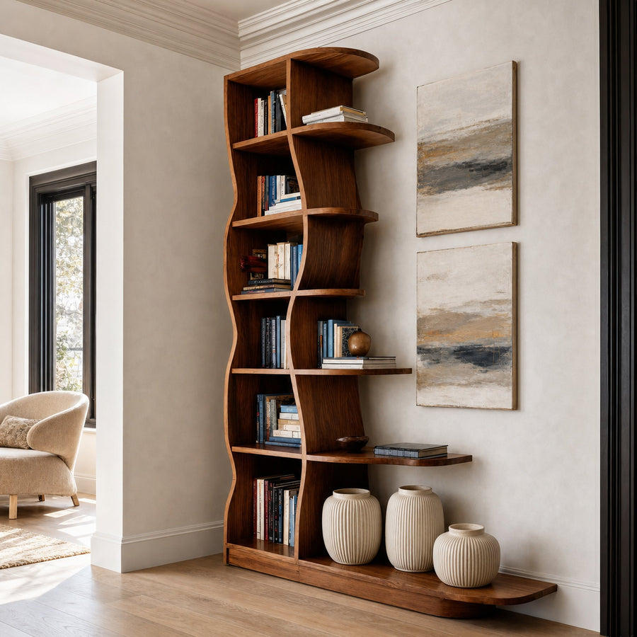 Modern Bookshelf With Wavy Design For Living Room