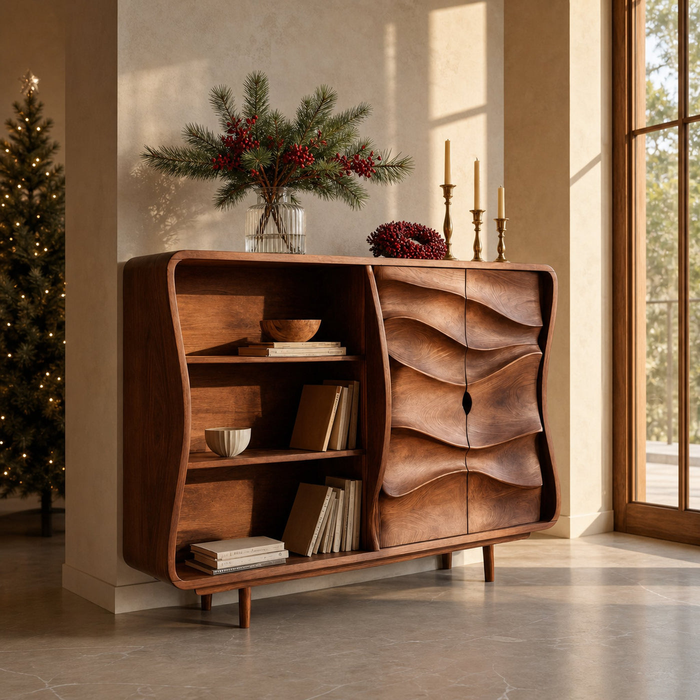 Modern Cabinet With Wavy Design For Living Room