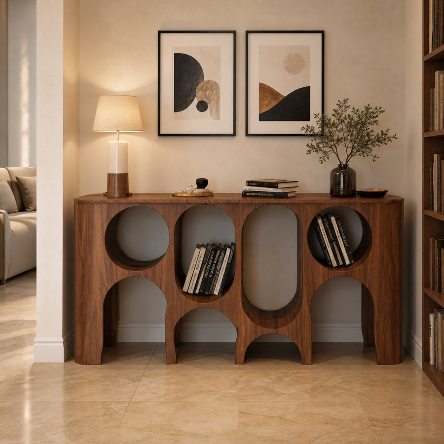 Modern Carved Console Table With Circular Cutout For Entryway