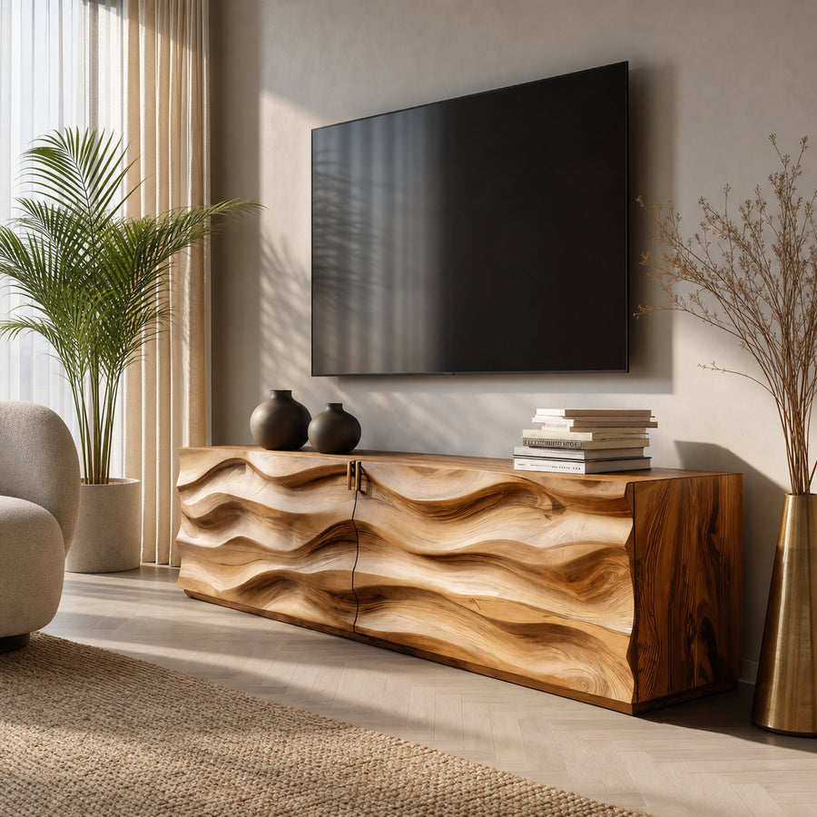 Modern Carved Media Console With Wave Front For Living Room