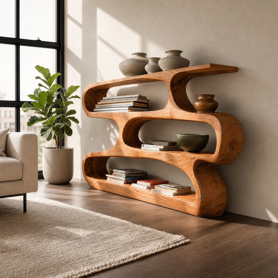 Modern Curved Bookcase For Minimalist Living Room Decor