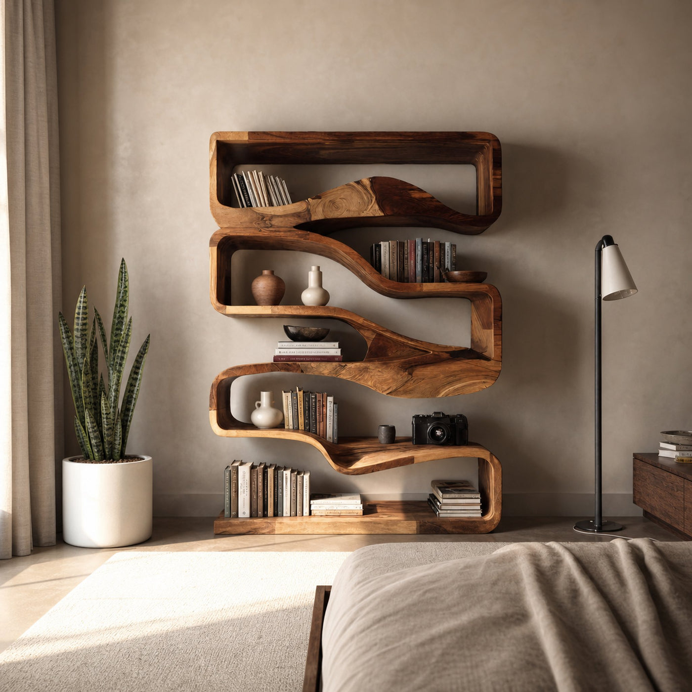 Modern Curved Bookshelf With Flowing Design For Bedroom