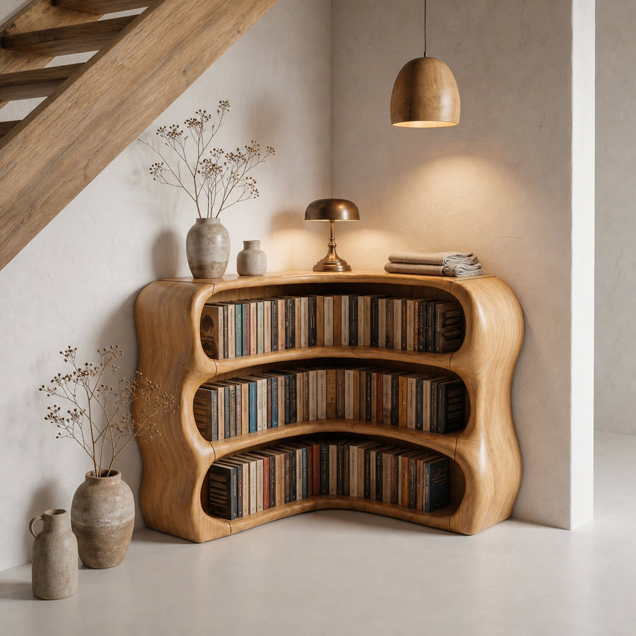 Modern Curved Bookshelf With Sculptural Open Shelves For Living Room And Bedroom