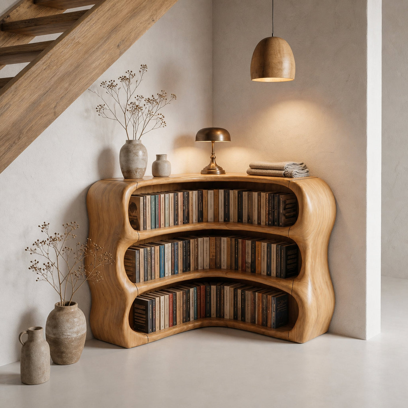 Modern Curved Bookshelf With Sculptural Open Shelves For Living Room And Bedroom