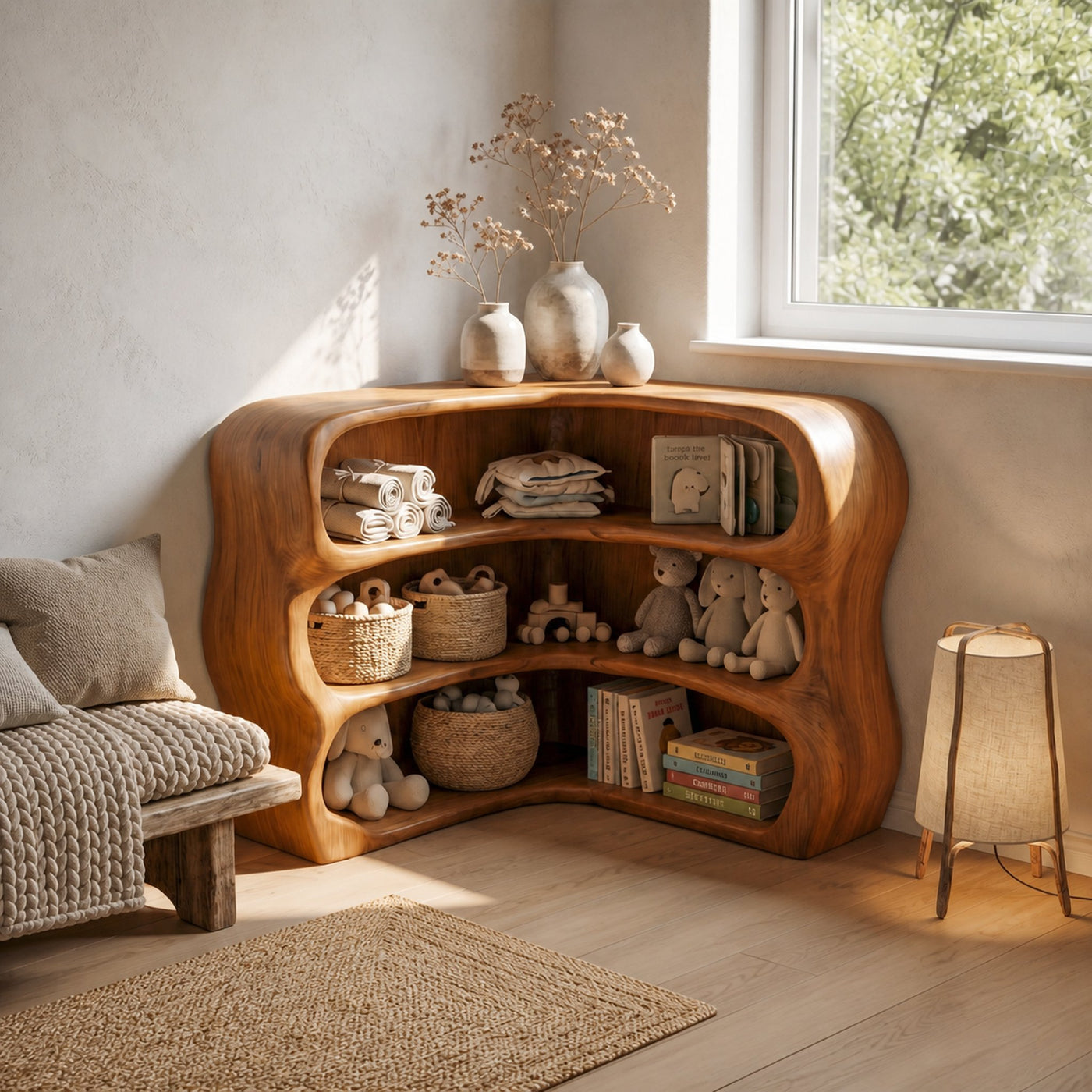 Modern Curved Bookshelf With Sculptural Open Shelves For Living Room And Bedroom - product view 6