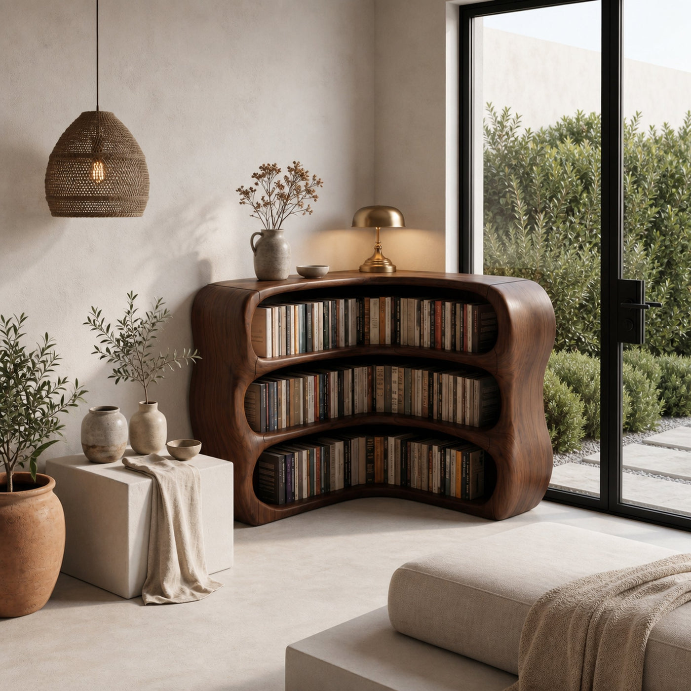 Modern Curved Bookshelf With Sculptural Open Shelves For Living Room And Bedroom - product view 7
