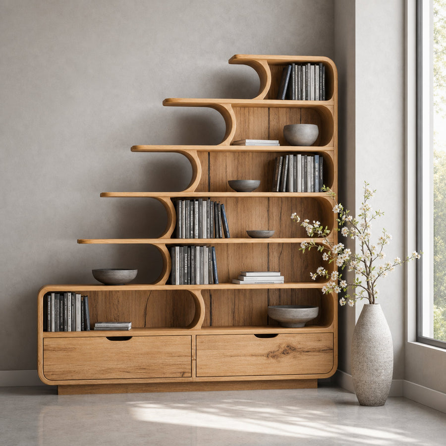 Modern Curved Bookshelf With Tiered Design And Drawers For Living Room Or Office