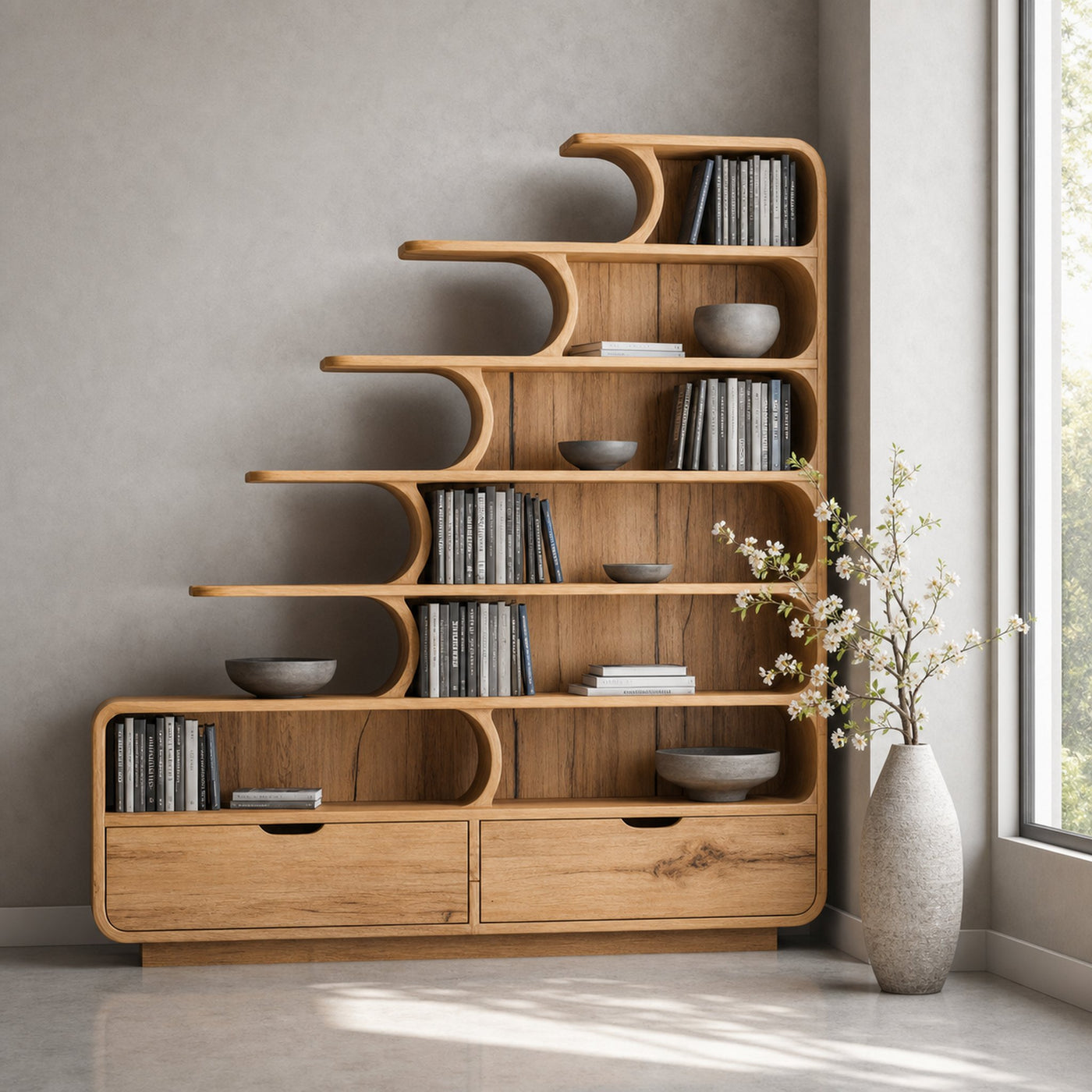 Modern Curved Bookshelf With Tiered Design And Drawers For Living Room Or Office