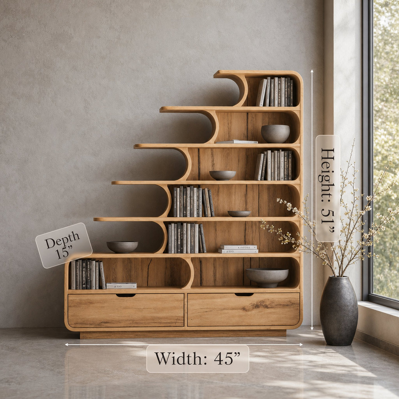 Modern Curved Bookshelf With Tiered Design And Drawers For Living Room Or Office - product view 6
