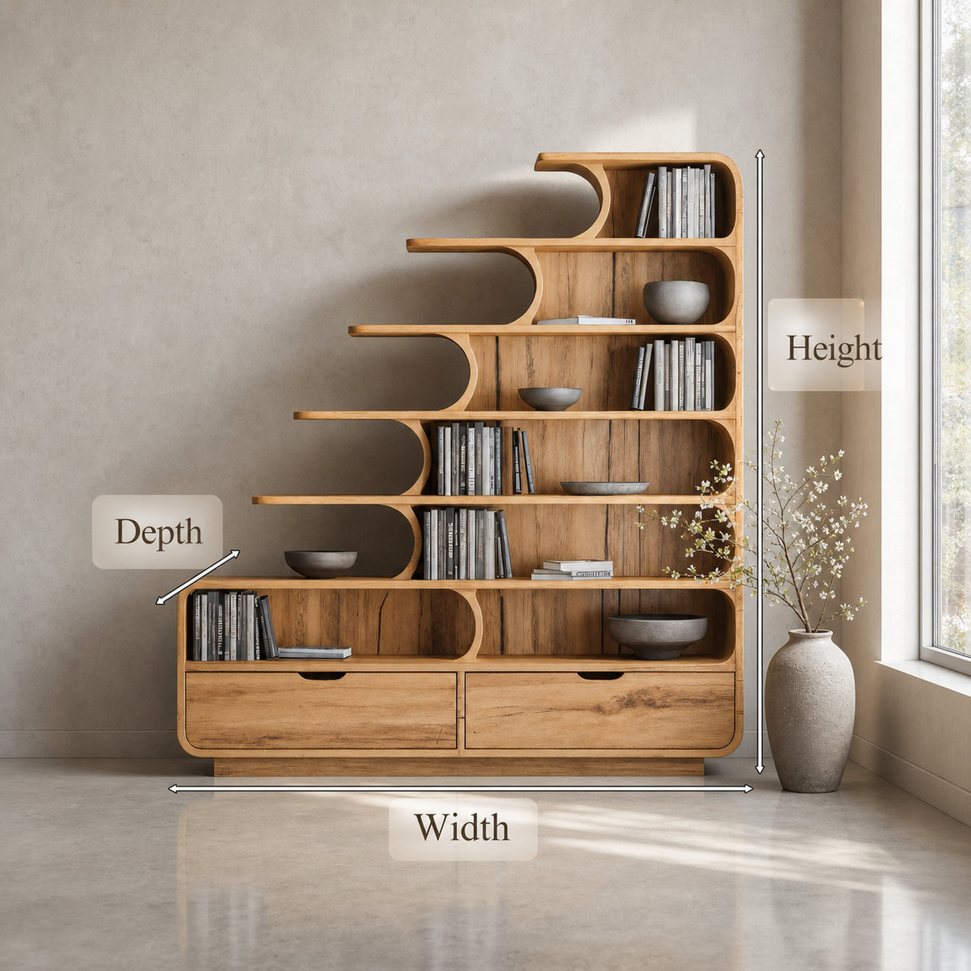 Modern Curved Bookshelf With Tiered Design And Drawers For Living Room Or Office - product view 7