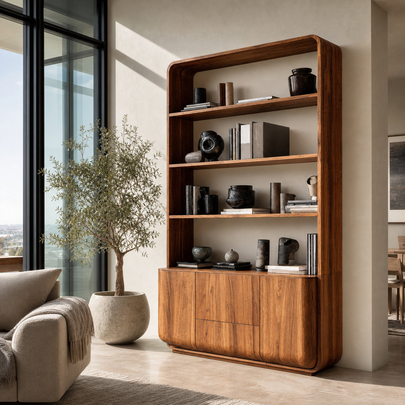 Modern Curved Frame Wood Bookshelf With Cabinets
