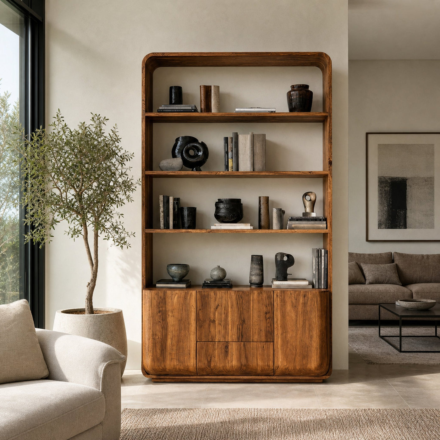 Modern Curved Frame Wood Bookshelf With Cabinets - product view 6