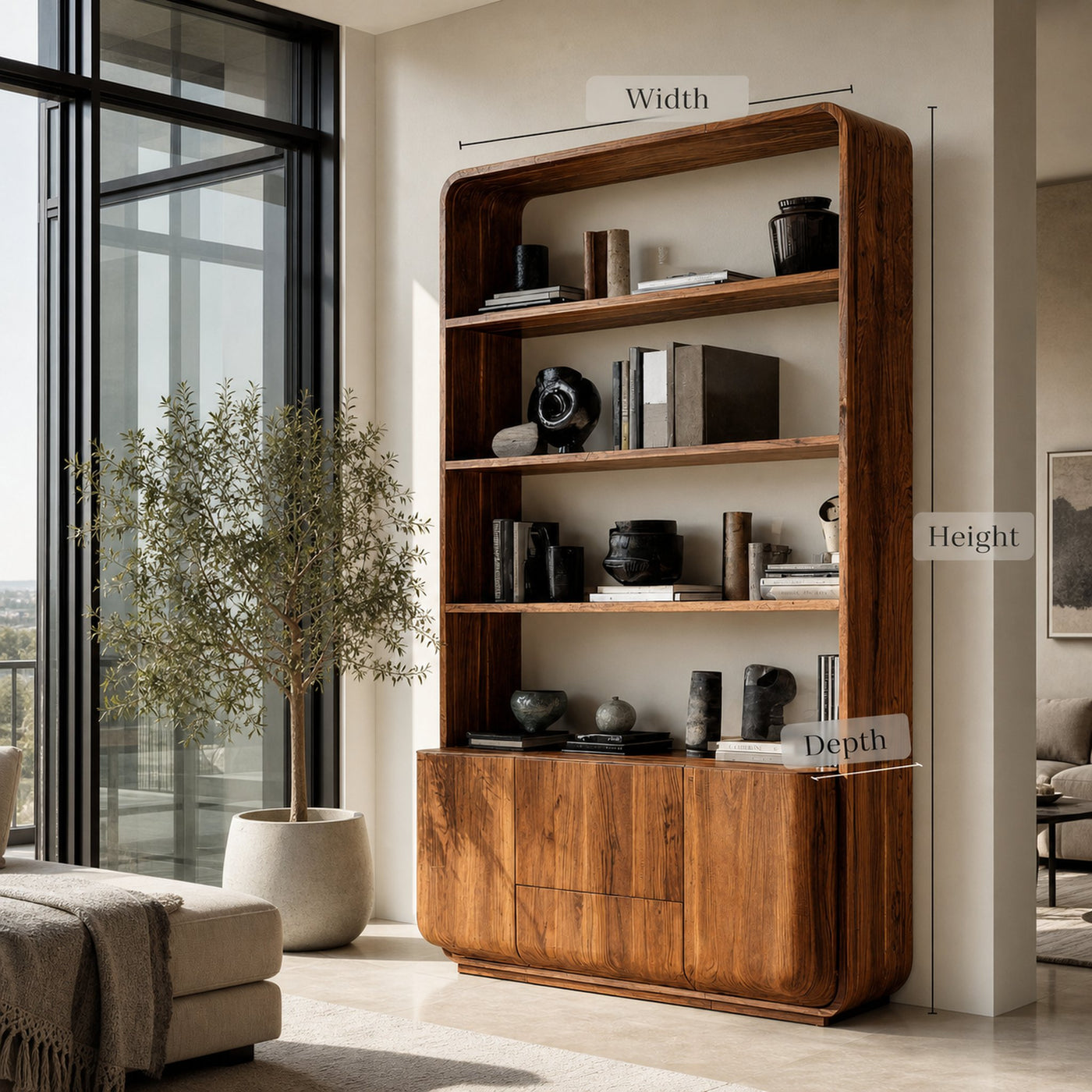 Modern Curved Frame Wood Bookshelf With Cabinets - product view 7