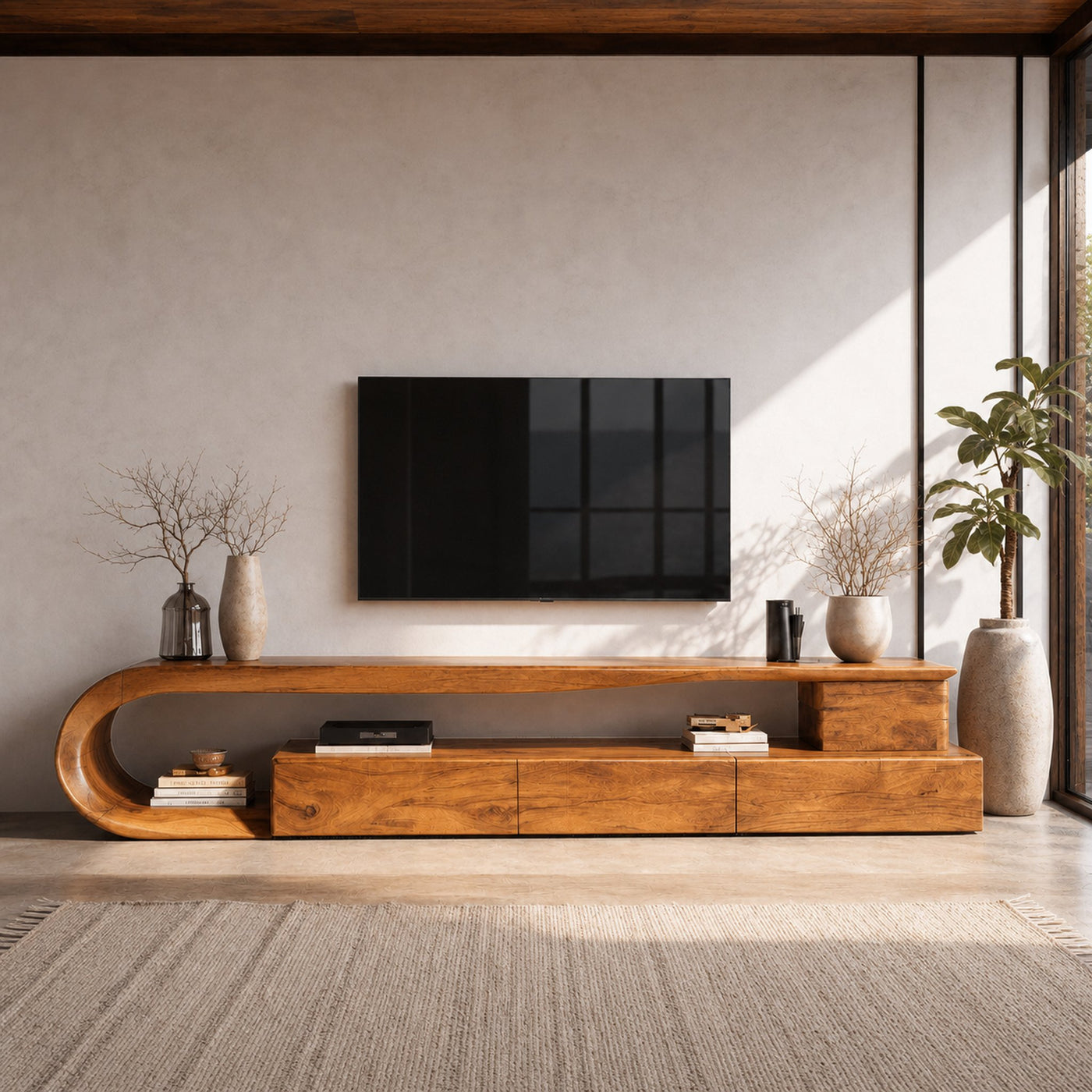 Modern Curved TV Console With Drawer For Living Room