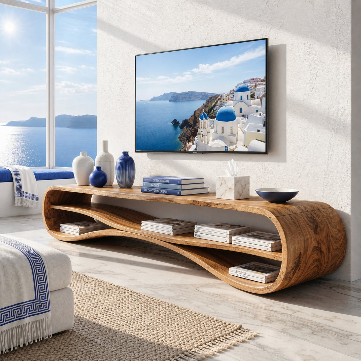 Modern Curved TV Stand For Coastal Living Room
