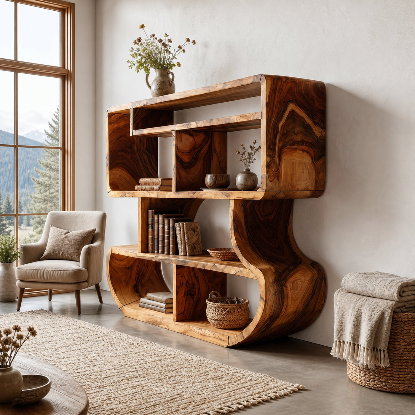Modern Curved Wooden Bookcase With Integrated Open Storage