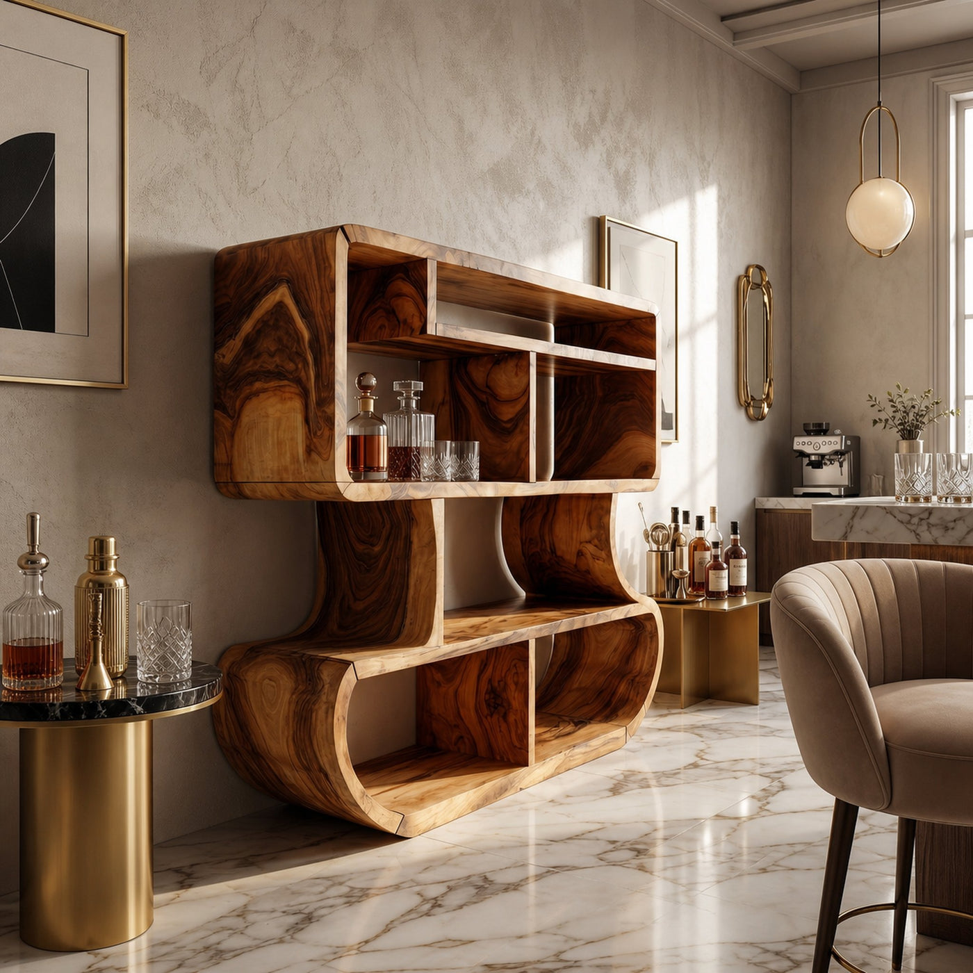 Modern Curved Wooden Bookcase With Integrated Open Storage - product view 6