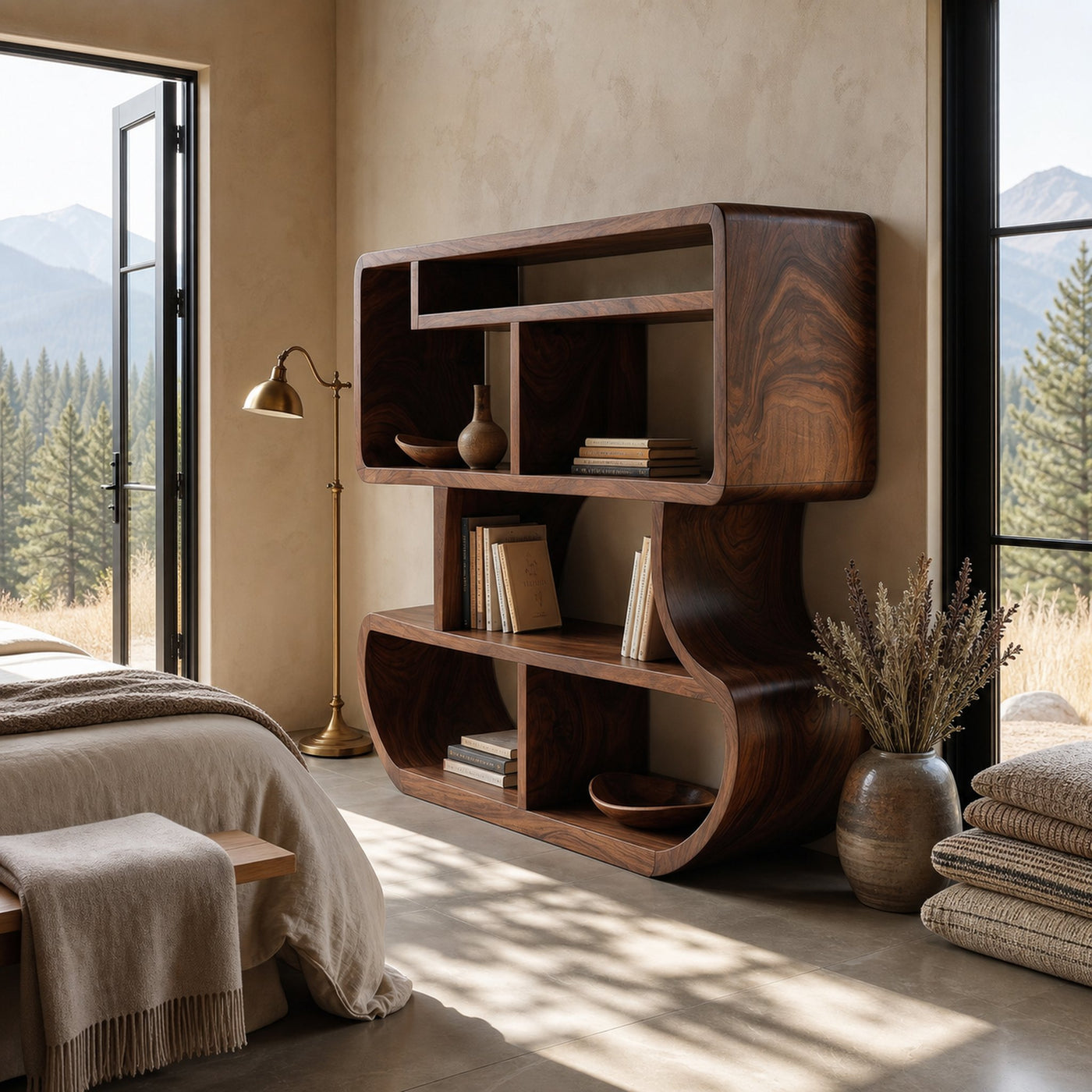 Modern Curved Wooden Bookcase With Integrated Open Storage - product view 7