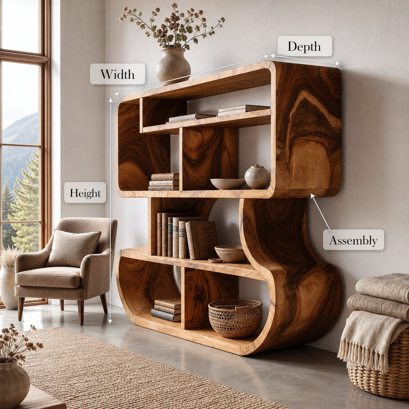 Modern Curved Wooden Bookcase With Integrated Open Storage - product view 8