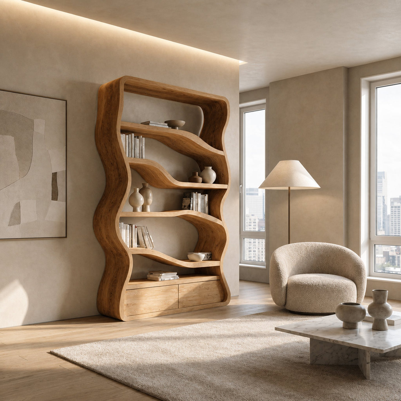 Modern Curved Wooden Bookshelf For Living Room