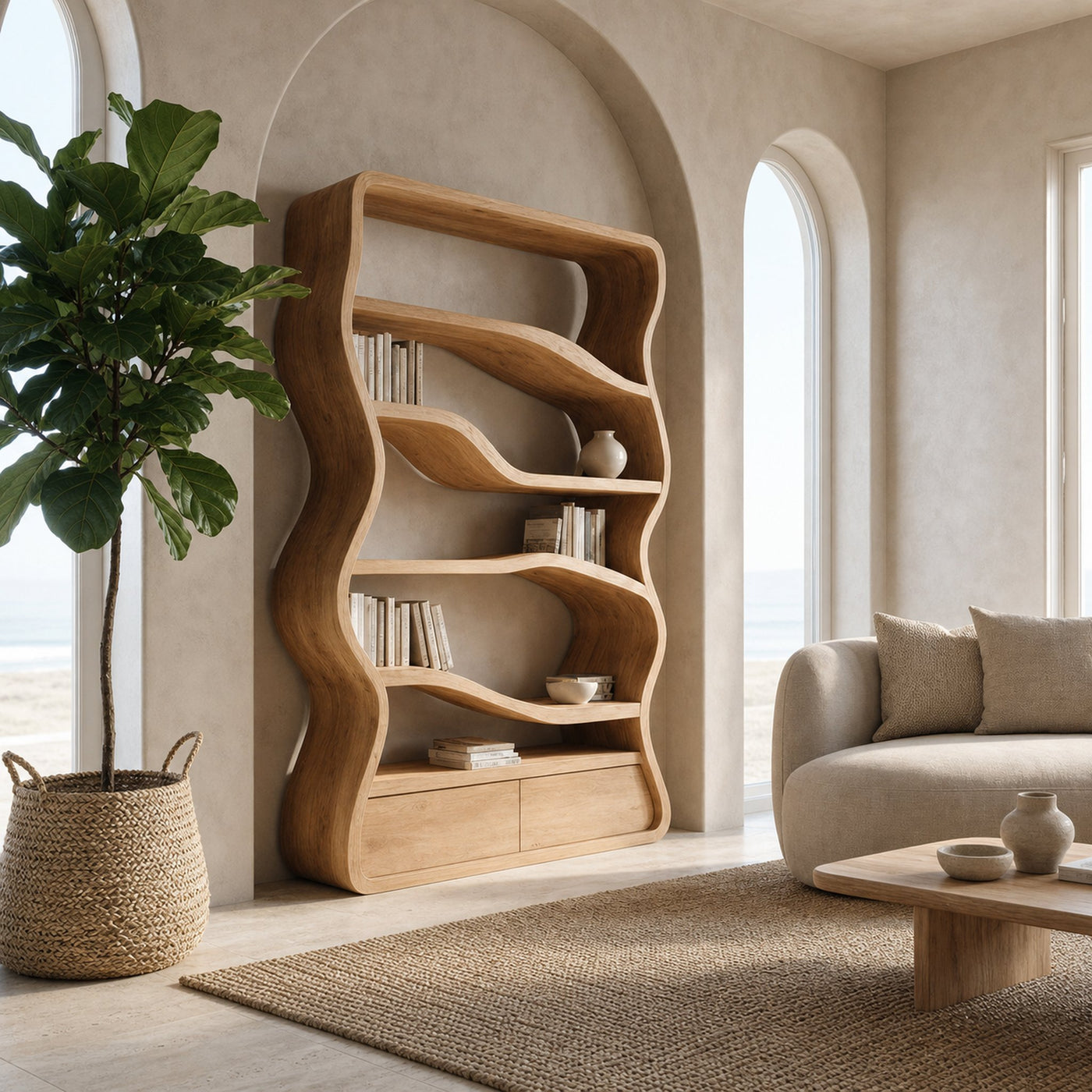 Modern Curved Wooden Bookshelf For Living Room - product view 6