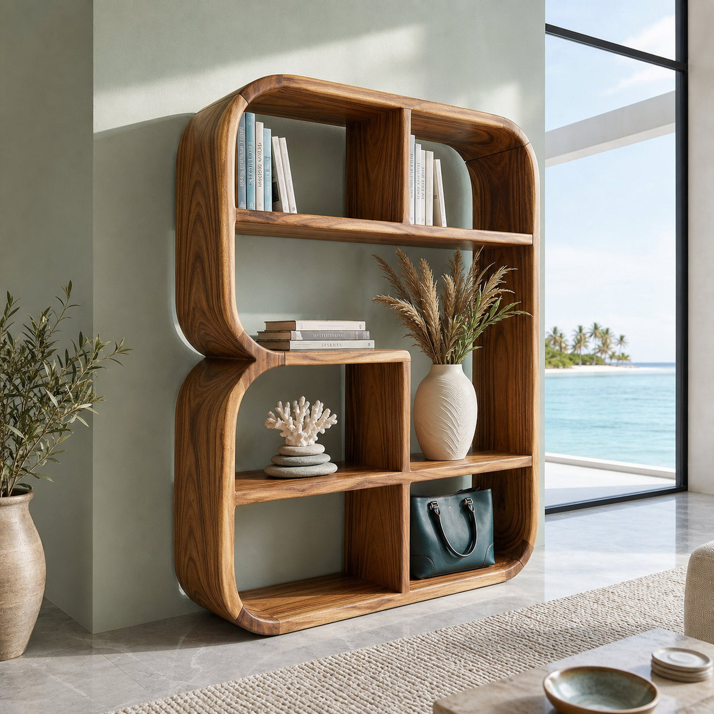 Modern Curved Wooden Bookshelf In Coastal Style