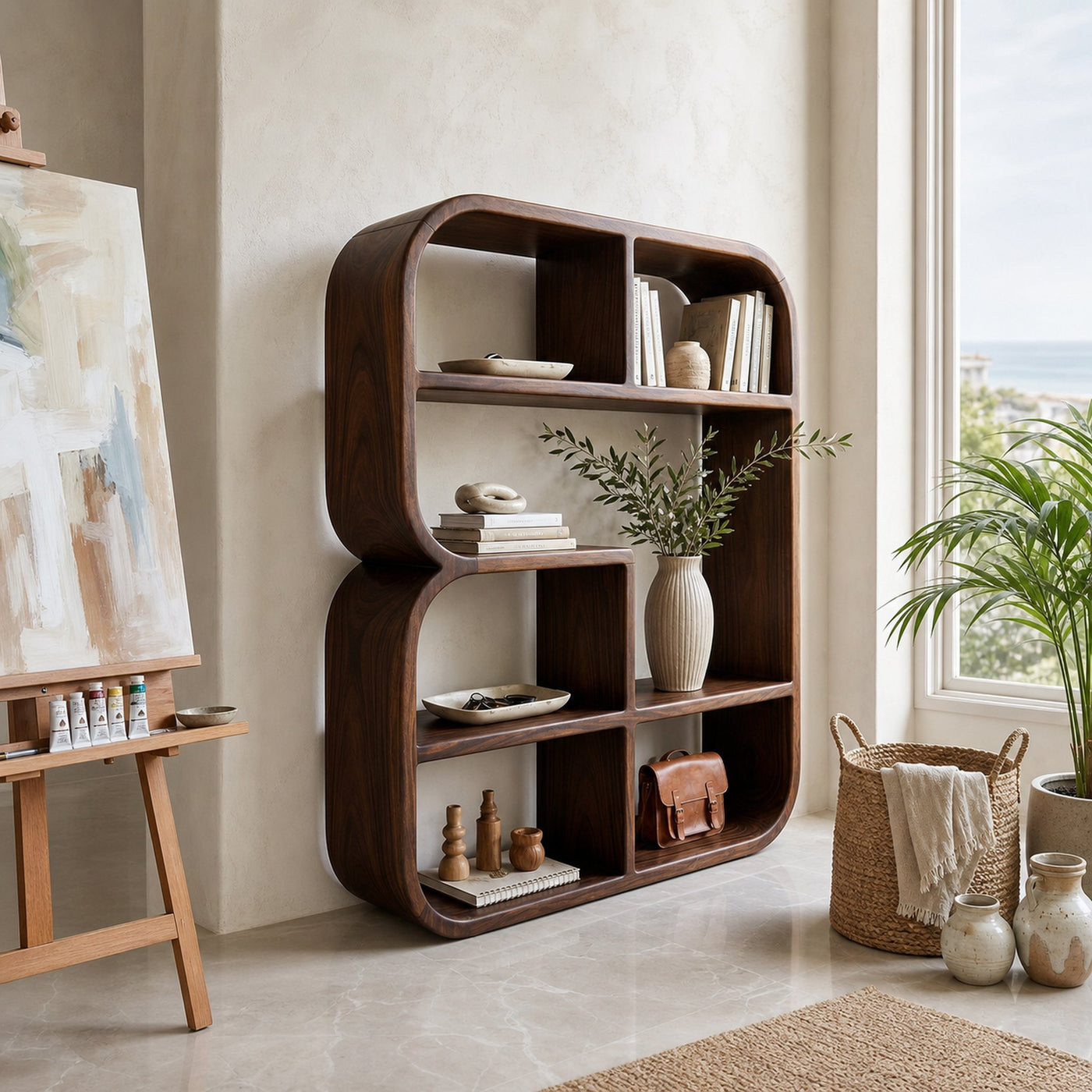 Modern Curved Wooden Bookshelf In Coastal Style - product view 7
