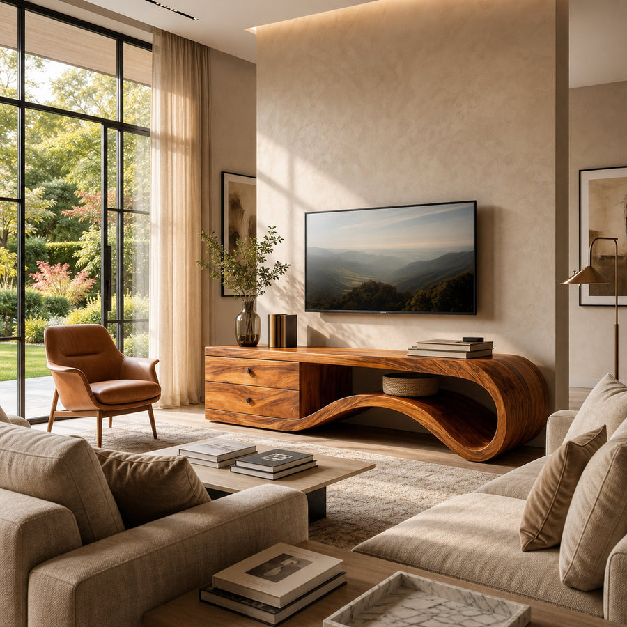 Modern Curved Wooden TV Stand For Living Area
