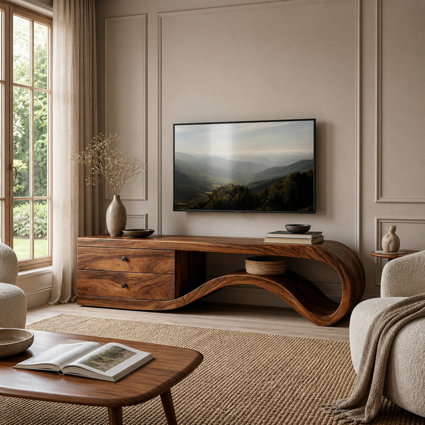 Modern Curved Wooden TV Stand For Living Area - product view 7