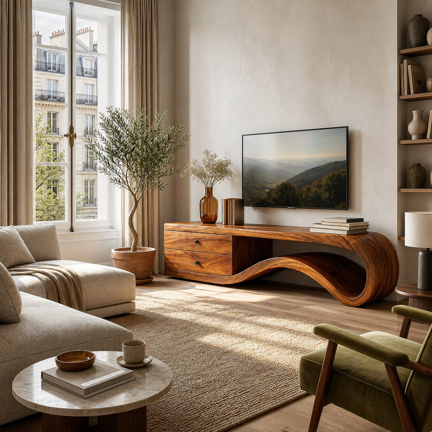Modern Curved Wooden TV Stand For Living Area - product view 8