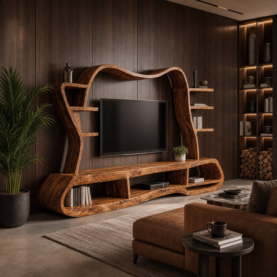 Modern Entertainment Center With Sculptural Curved Shelving For Living Room