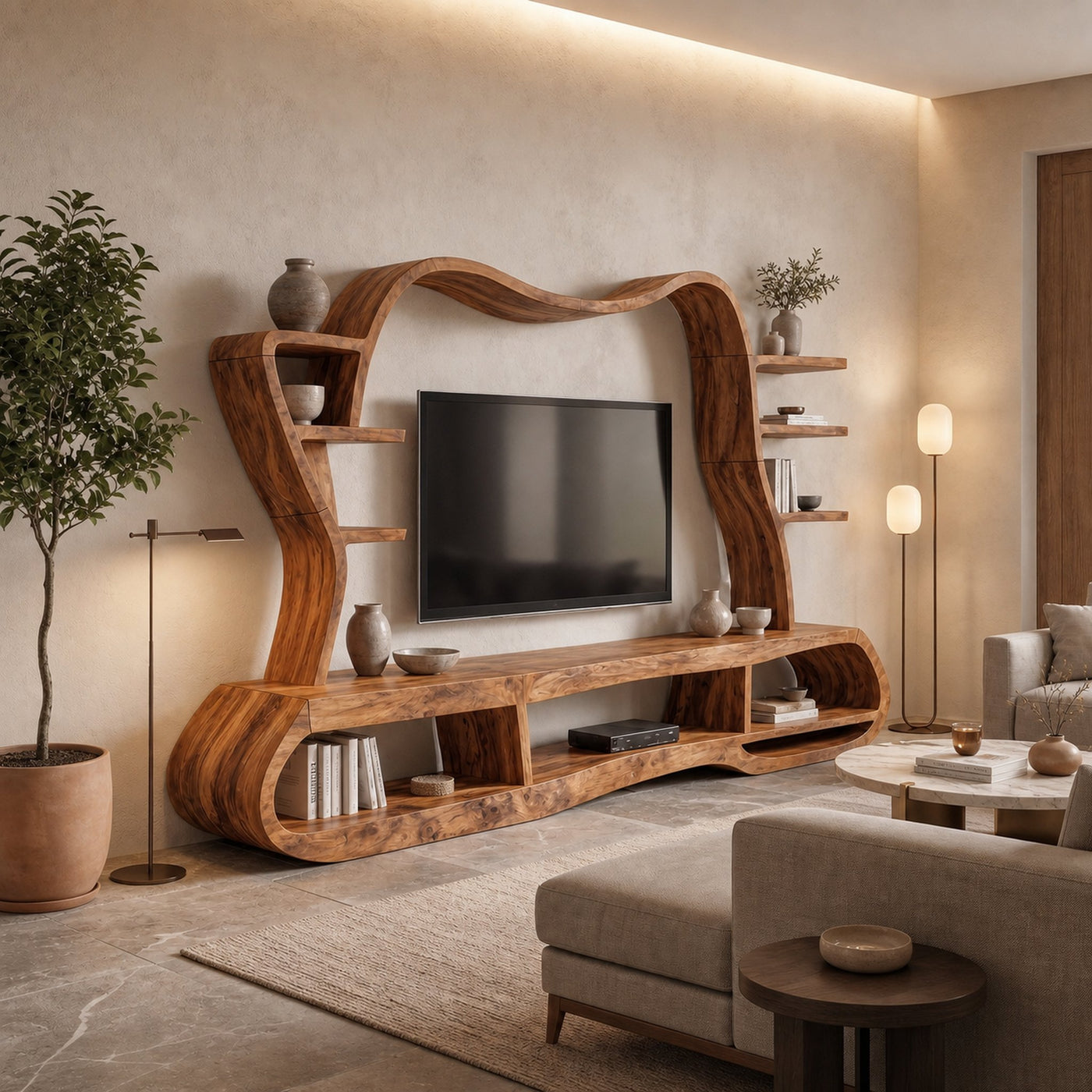 Modern Entertainment Center With Sculptural Curved Shelving For Living Room - product view 6