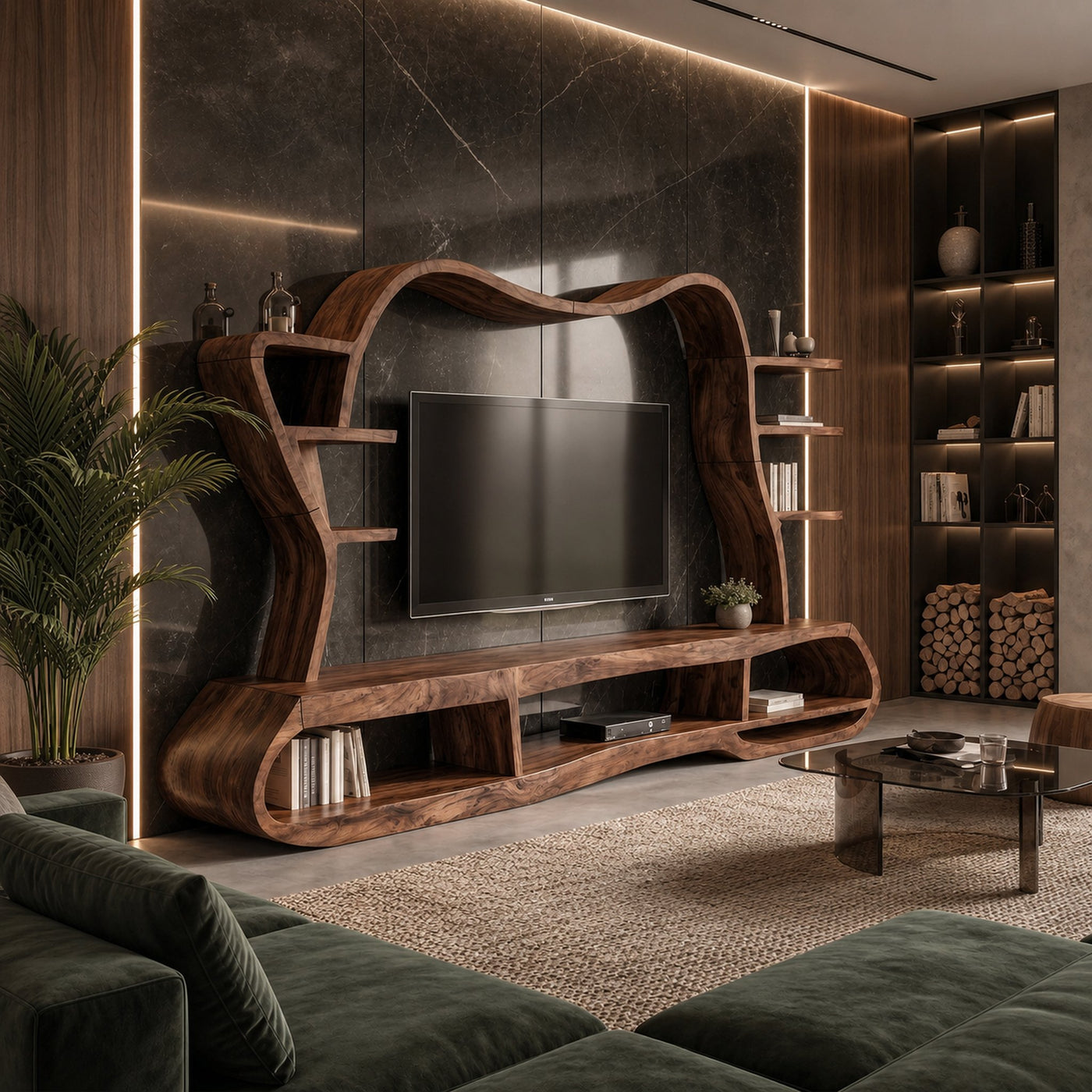 Modern Entertainment Center With Sculptural Curved Shelving For Living Room - product view 7