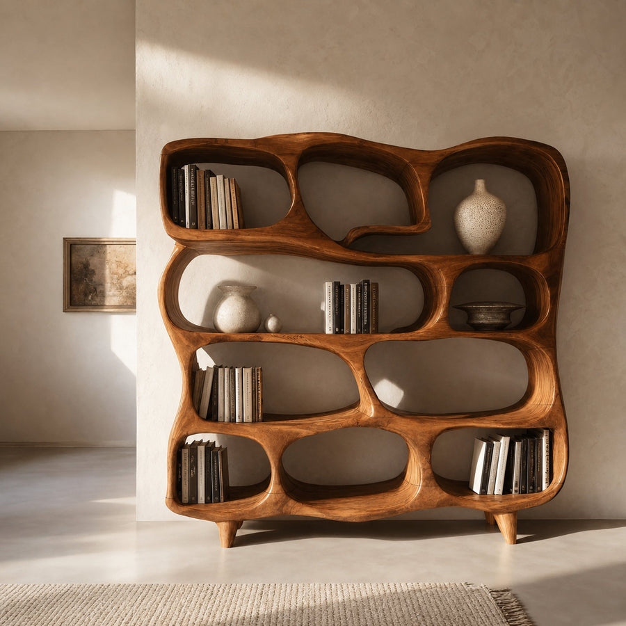 Modern Handcrafted Bookshelf With Curved Design For Living Room