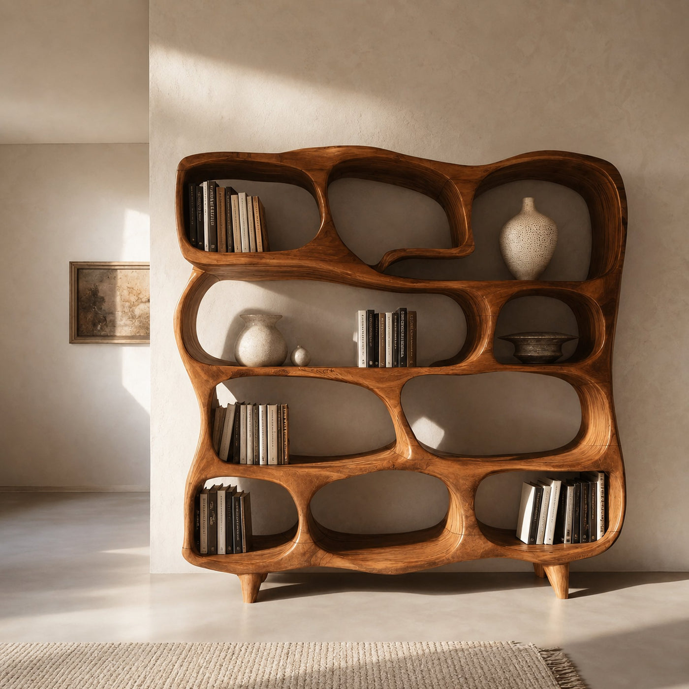 Modern Handcrafted Bookshelf With Curved Design For Living Room