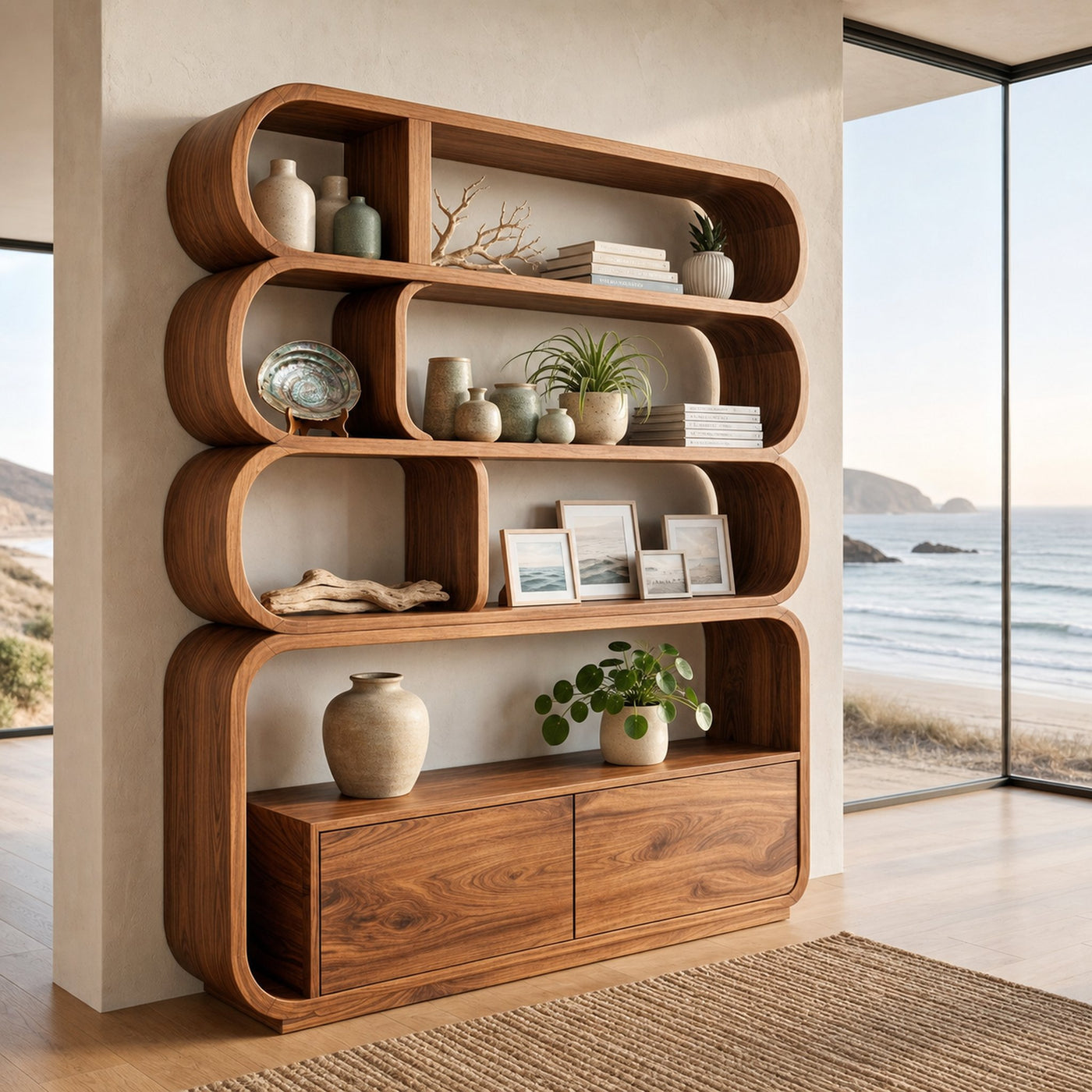 Modern Natural Wood Bookshelf With Curved Structure For Living Room