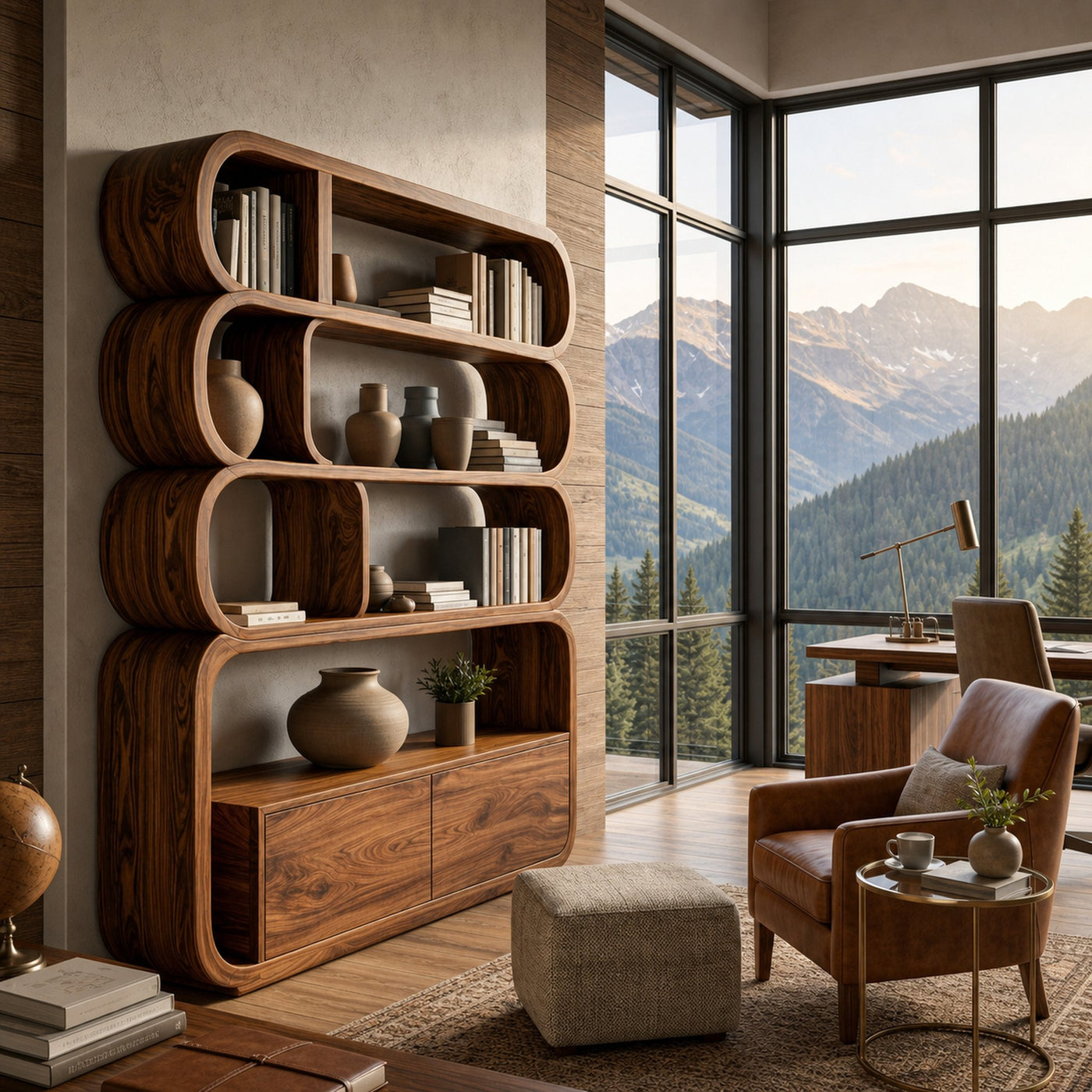 Modern Natural Wood Bookshelf With Curved Structure For Living Room - product view 6