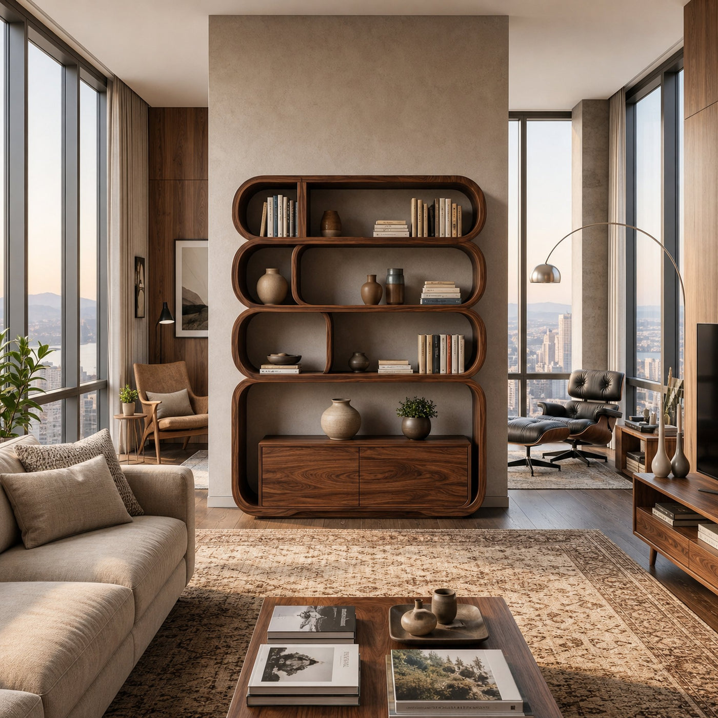 Modern Natural Wood Bookshelf With Curved Structure For Living Room - product view 7
