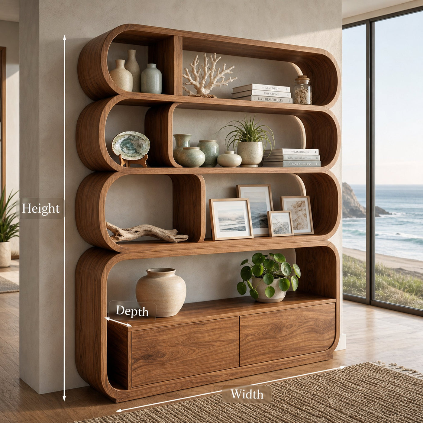 Modern Natural Wood Bookshelf With Curved Structure For Living Room - product view 8
