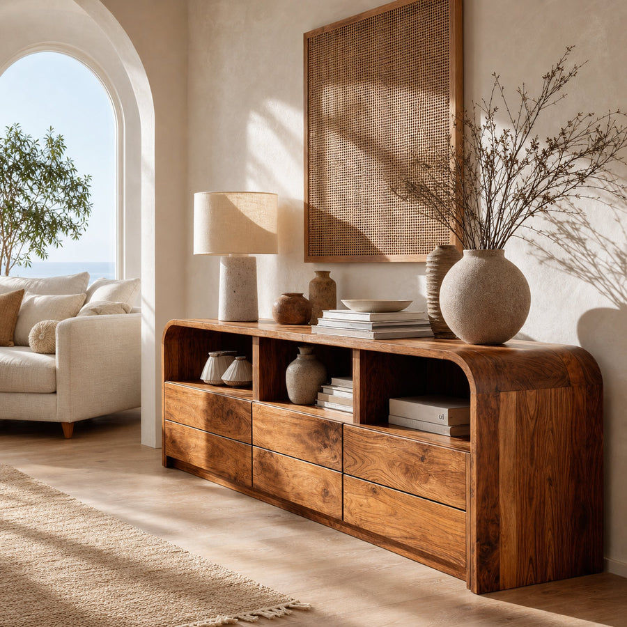 Modern Natural Wood Sideboard With Open Shelf For Home