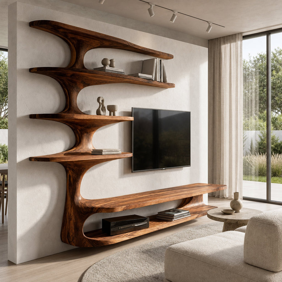 Modern Natural Wood TV Console With Shelving For Living