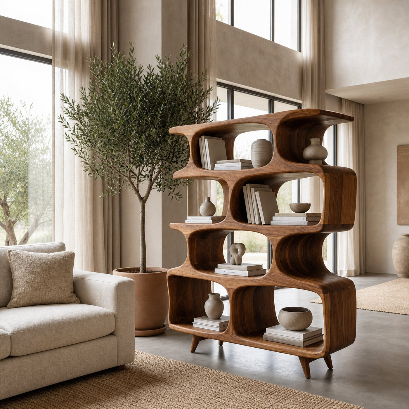 Modern Open Wooden Bookshelf For Beach House