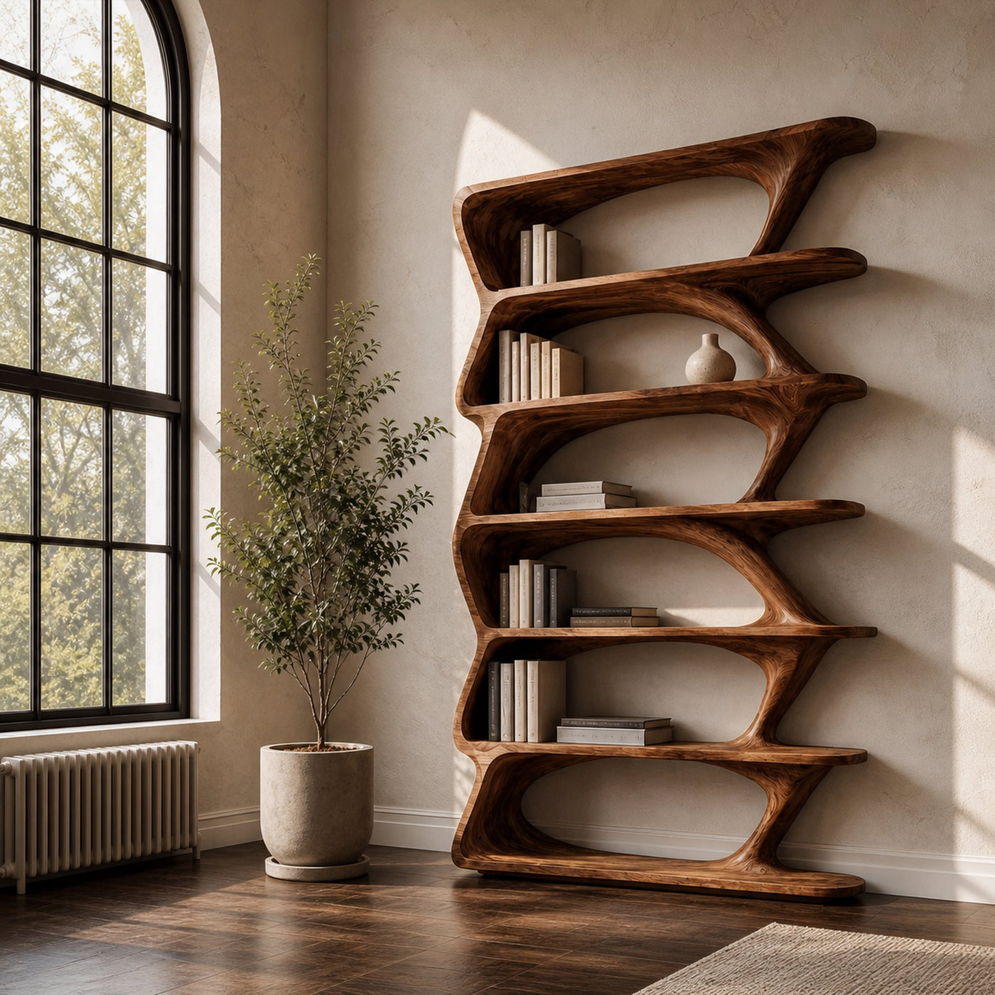 Modern Organic Bookshelf With Sculptural Asymmetrical Shelves And Solid Wood Frame For Living Room