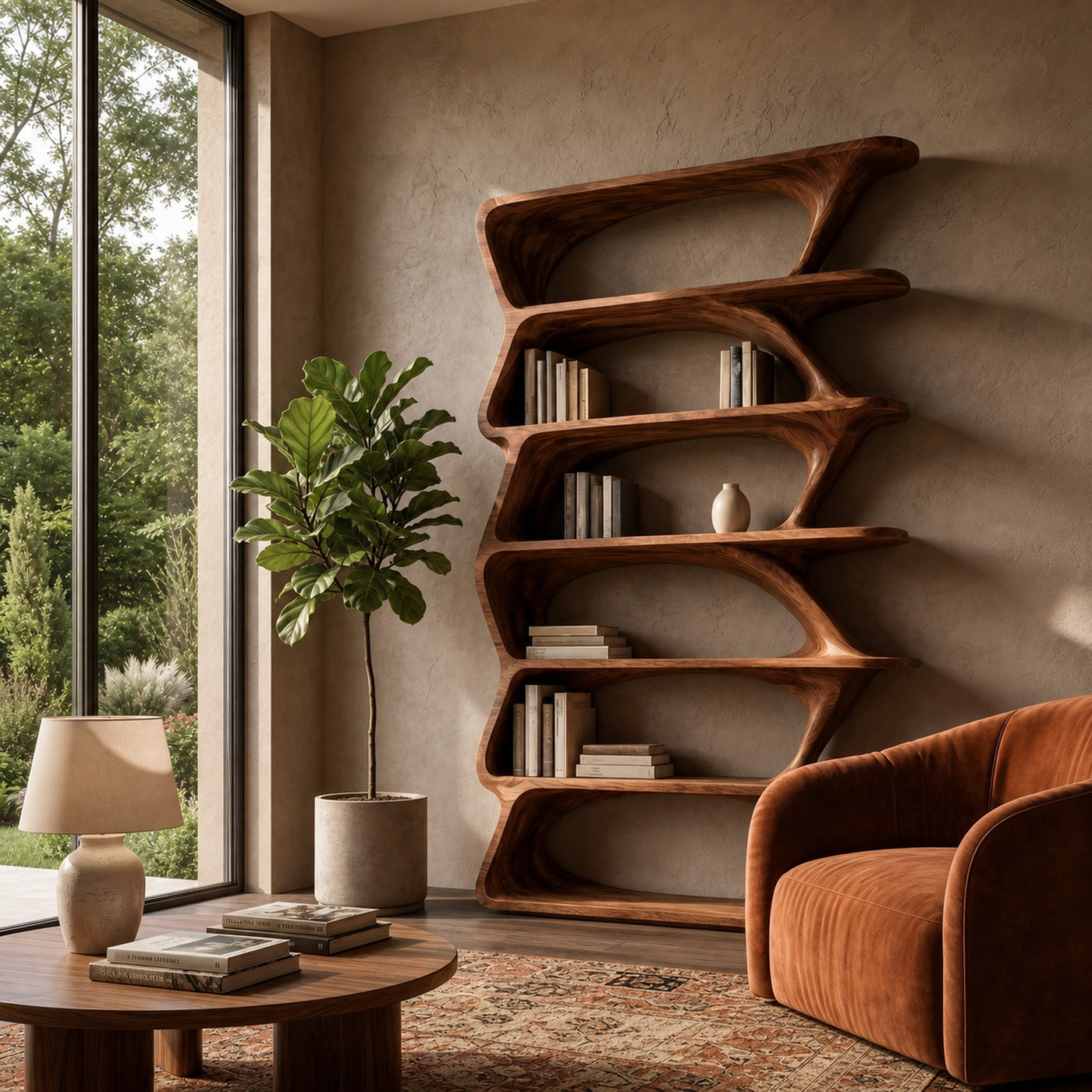 Modern Organic Bookshelf With Sculptural Asymmetrical Shelves And Solid Wood Frame For Living Room - product view 6