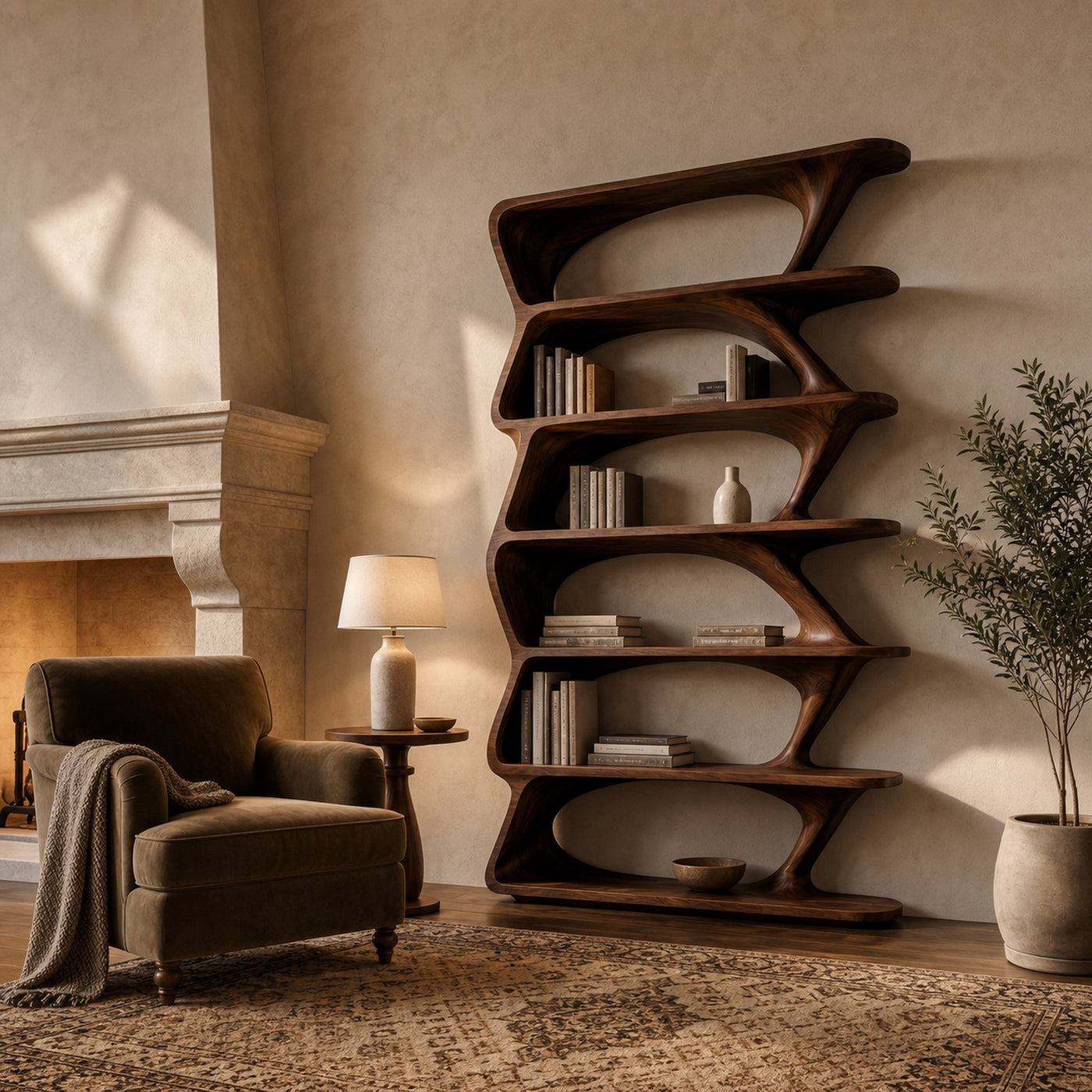 Modern Organic Bookshelf With Sculptural Asymmetrical Shelves And Solid Wood Frame For Living Room - product view 7