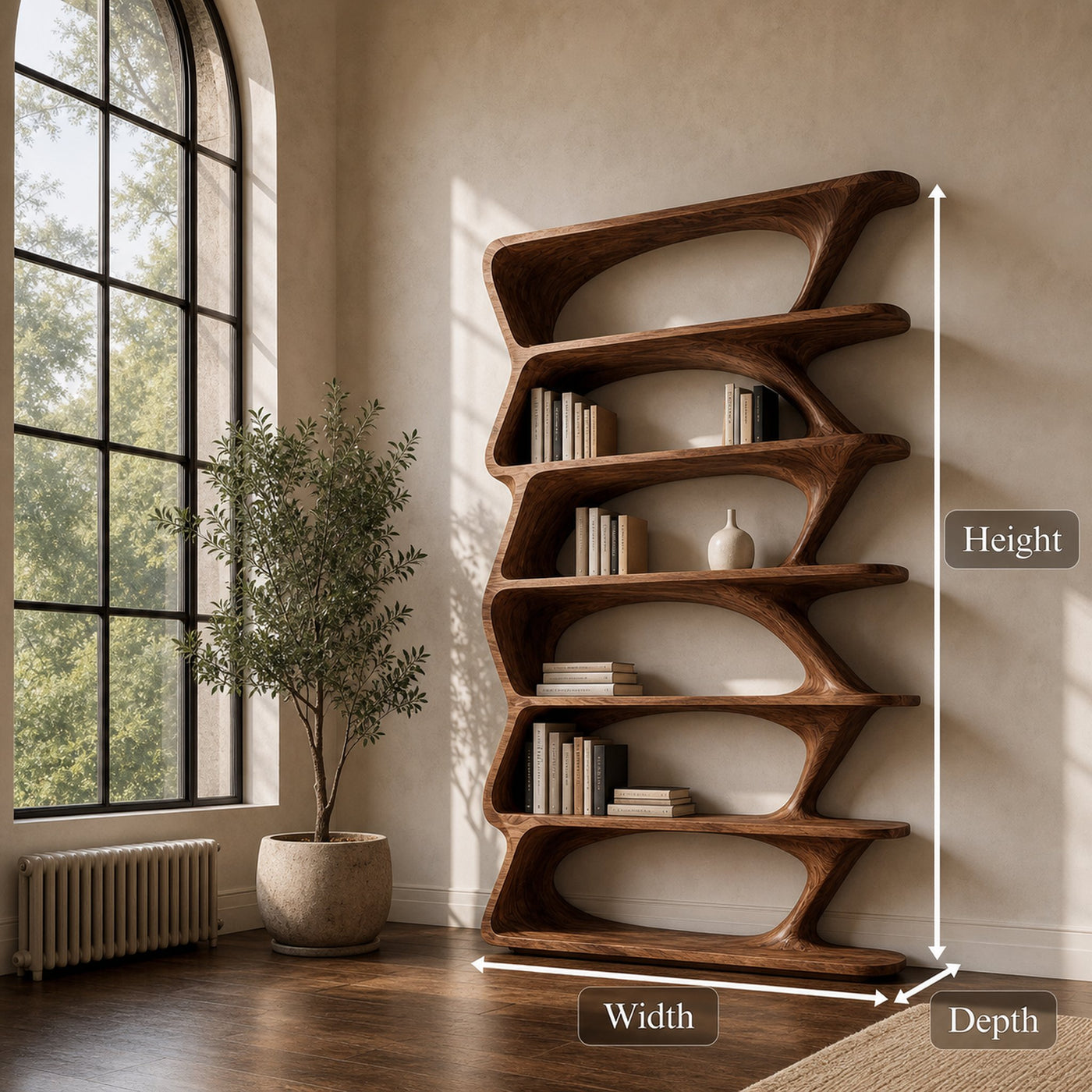 Modern Organic Bookshelf With Sculptural Asymmetrical Shelves And Solid Wood Frame For Living Room - product view 8